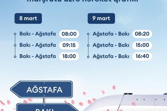 Bakı-Ağstafa-Bakı marşrutuna 8 və 9 mart tarixlərində əlavə qatar reysləri təyin edilir 