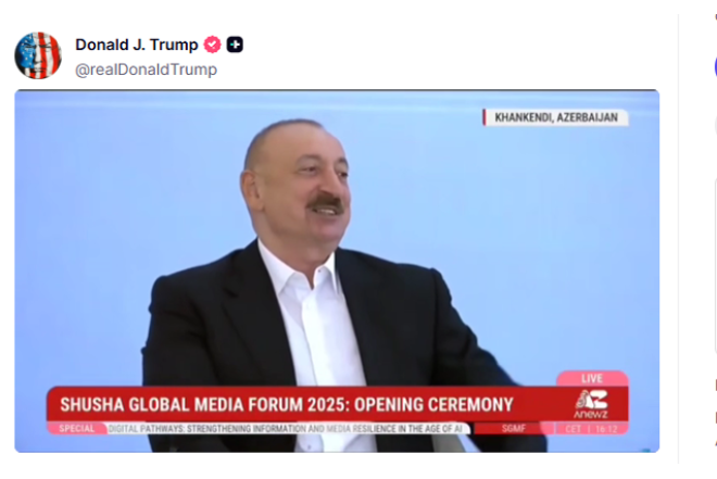 Tramp İlham Əliyevin çıxışını paylaşdı - VIDEO