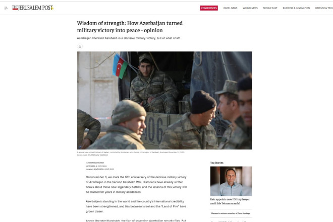 "Jerusalem Post" Zəfər Günündən yazıb: Azərbaycan regionda sülh və sabitliyi möhkəmləndirir 