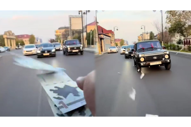 Toy karvanında “avtoş”luq edib yola pul səpdilər - VIDEO