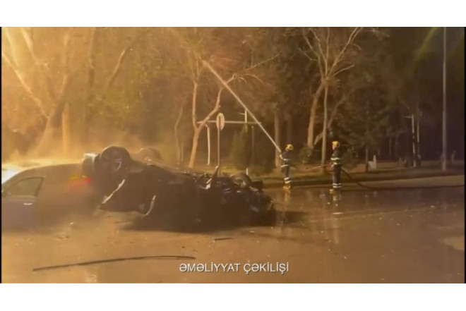 Bakıda qəza güclü yanğına səbəb oldu - VİDEO + YENİLƏNİB