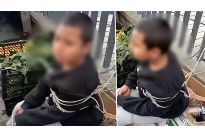 Oğurluq etdiyi deyilən 9 yaşlı uşağı iplə bağlayıb - VİDEOYA ÇƏKDİ