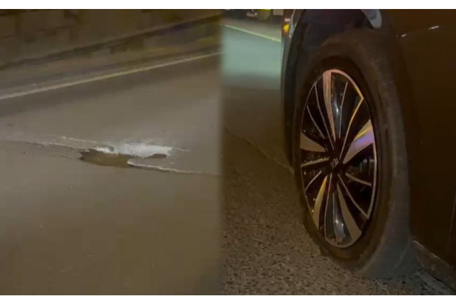 Prospektdəki bu çuxura düşən maşınların təkəri partlayır - VİDEO 