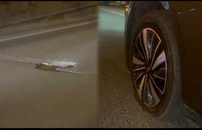 Prospektdəki bu çuxura düşən maşınların təkəri partlayır - VİDEO 